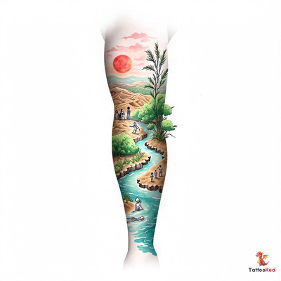 Colorful watercolor sleeve tattoo featuring a desert to garden transition.