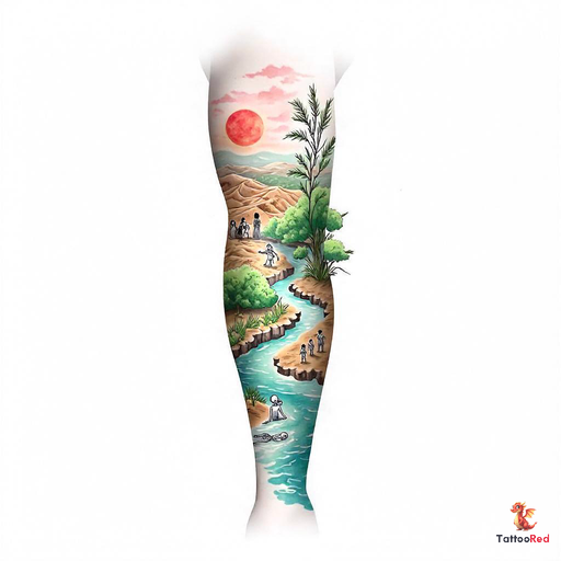 Colorful watercolor sleeve tattoo featuring a desert to garden transition.