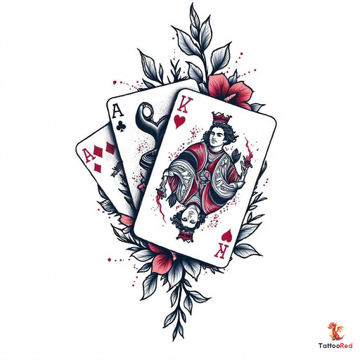 Tattoo design of playing cards with Tottenham Hotspur emblem, featuring vibrant colors and intricate details.