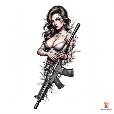 Highly detailed tattoo of a woman holding a large caliber gun.