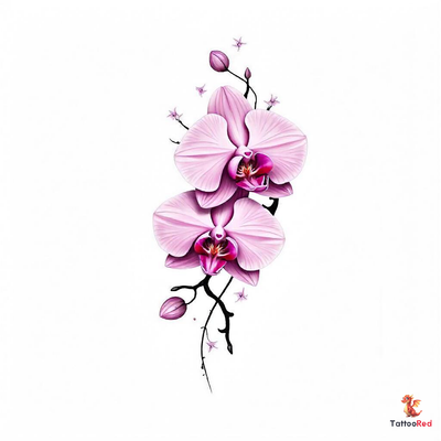 Realistic tattoo design of pink orchids with intricate details and vibrant colors.