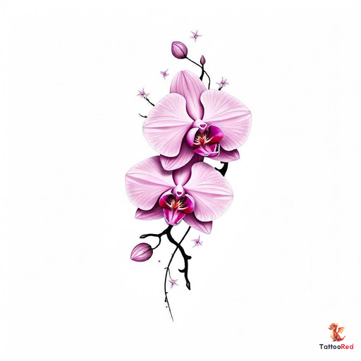 Realistic tattoo design of pink orchids with intricate details and vibrant colors.