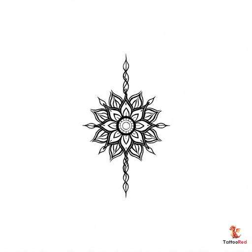 Intricate traditional mandala tattoo design featuring strong lines and detailed patterns.