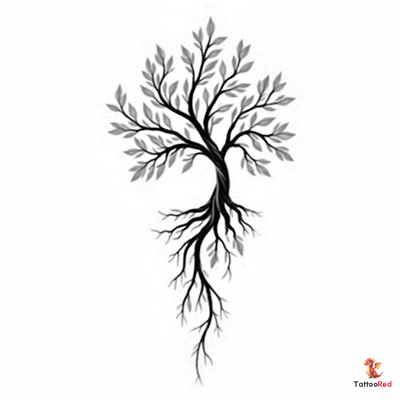 Intricate black and grey family tree tattoo with elegant roots and branches.