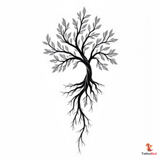 Intricate black and grey family tree tattoo with elegant roots and branches.
