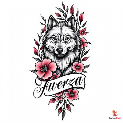 Strong wolf tattoo surrounded by vibrant flowers with 'Fuerza' text.