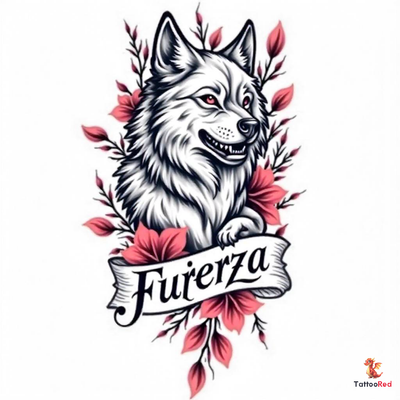 Wolf tattoo surrounded by vibrant flowers with 'Fuerza' integrated in design.