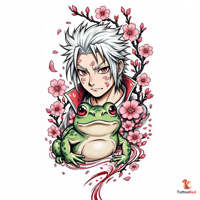 Tattoo of Jiraiya from Naruto summoning a giant toad with cherry blossoms.
