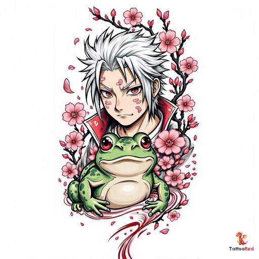 Tattoo of Jiraiya from Naruto summoning a giant toad with cherry blossoms.
