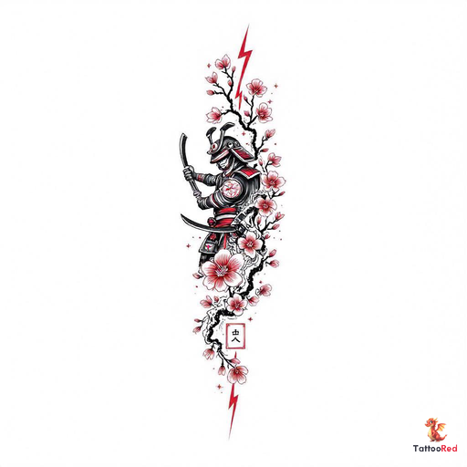 Japanese arm sleeve tattoo featuring a samurai, lightning, and cherry blossoms.