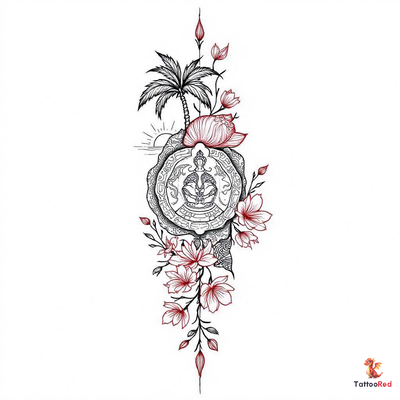 Intricate mandala tattoo featuring Hawaiian patterns, palm tree, and lotus flower.