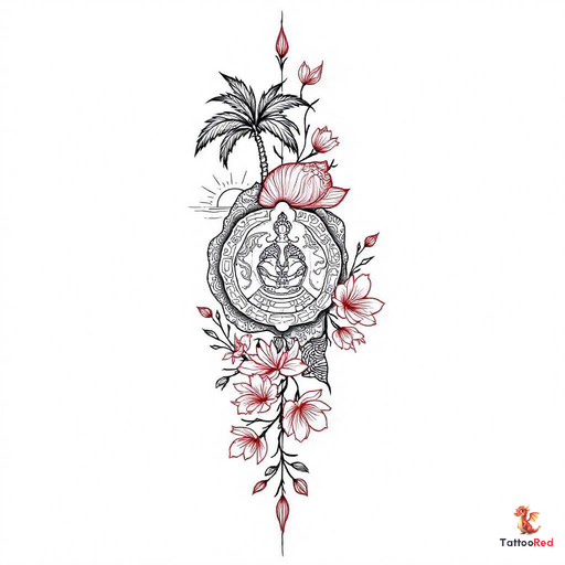 Intricate mandala tattoo featuring Hawaiian patterns, palm tree, and lotus flower.