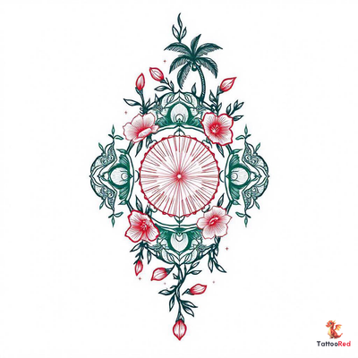 Mandala tattoo design featuring Hawaiian tribal patterns, palm tree, conch shell, rising sun, cherry blossom petals, and lotus flower.