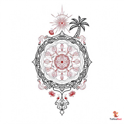 Intricate mandala tattoo design featuring Hawaiian tribal patterns, palm tree, conch shell, rising sun, cherry blossom petals, and lotus flower.