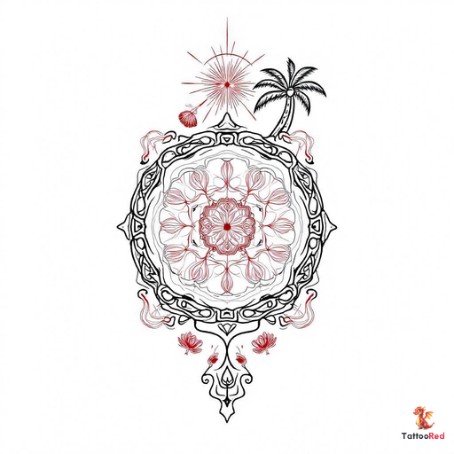 Intricate mandala tattoo design featuring Hawaiian tribal patterns, palm tree, conch shell, rising sun, cherry blossom petals, and lotus flower.