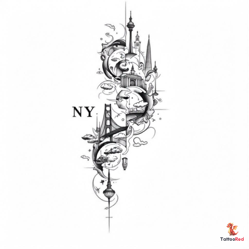 black and grey Neo-Traditional tattoo design featuring iconic symbols from NYC, Miami, Chicago, San