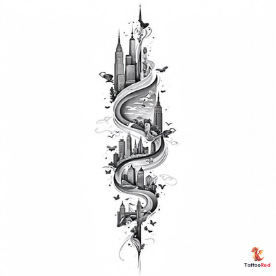 Black and grey neo-traditional tattoo featuring cityscapes from NYC, Miami, Chicago, and more.