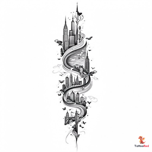 black and grey Neo-Traditional tattoo design featuring iconic symbols from NYC, Miami, Chicago, San