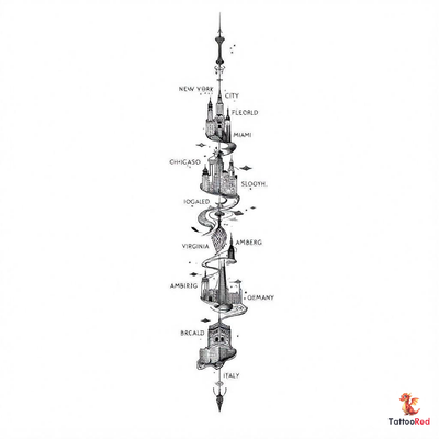 Black and grey neo-traditional tattoo featuring iconic city symbols blended together.