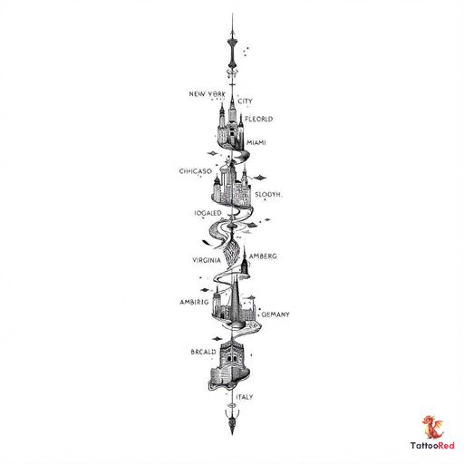 Black and grey neo-traditional tattoo featuring iconic city symbols blended together.