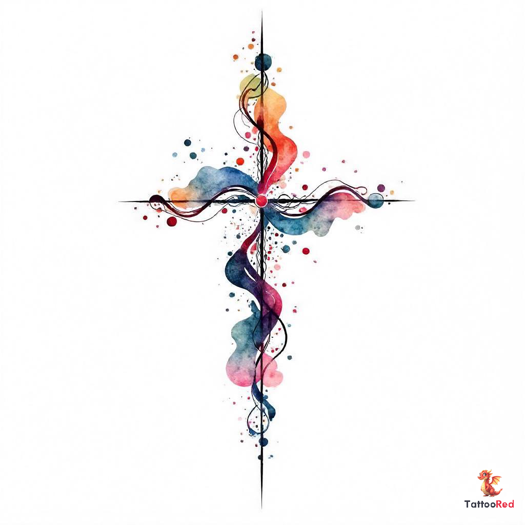 Abstract watercolor tattoo of a cross with colorful shapes and geometric patterns.