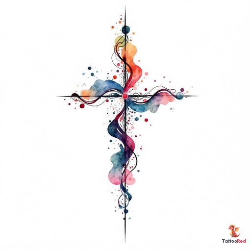 abstract watercolor design featuring a cross surrounded by fluid colorful shapes and geometric patte