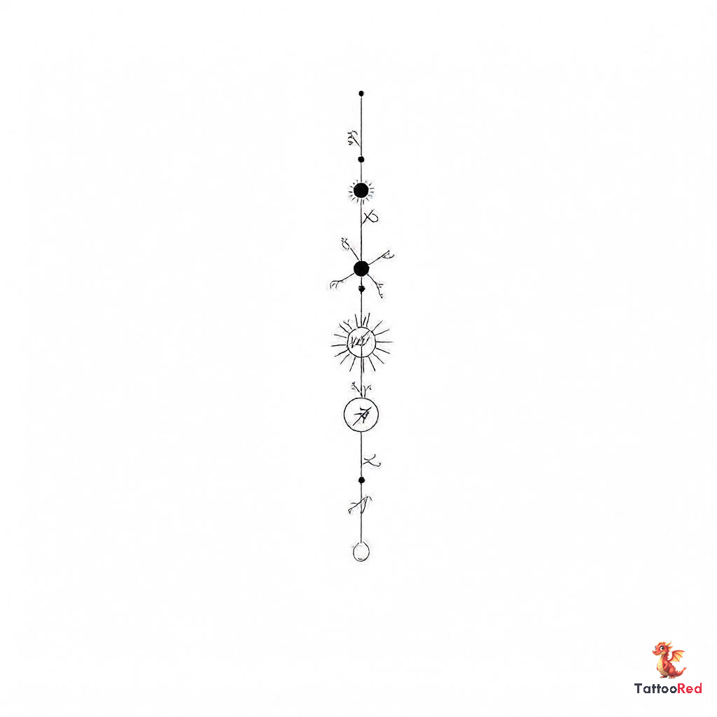 Minimalist tattoo design featuring the Supernatural symbol and runes for joy, gift, and sun.