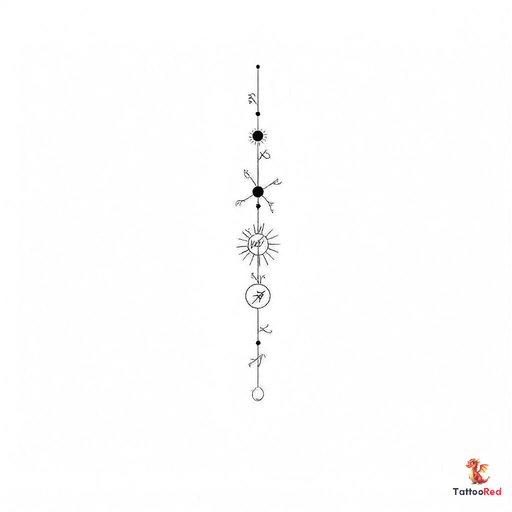 Minimalist tattoo design featuring the Supernatural symbol and runes for joy, gift, and sun.