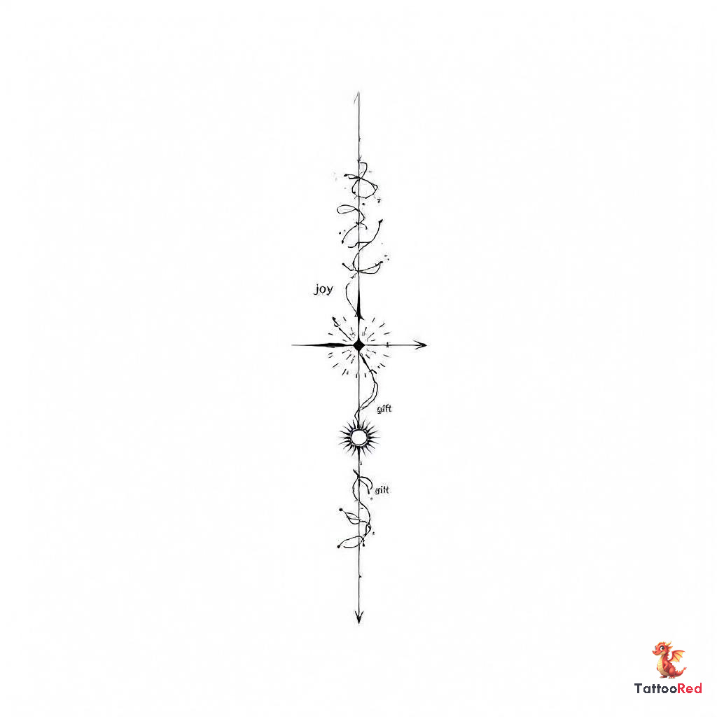 Minimalist tattoo featuring the Supernatural symbol and runes for joy, gift, and sun.