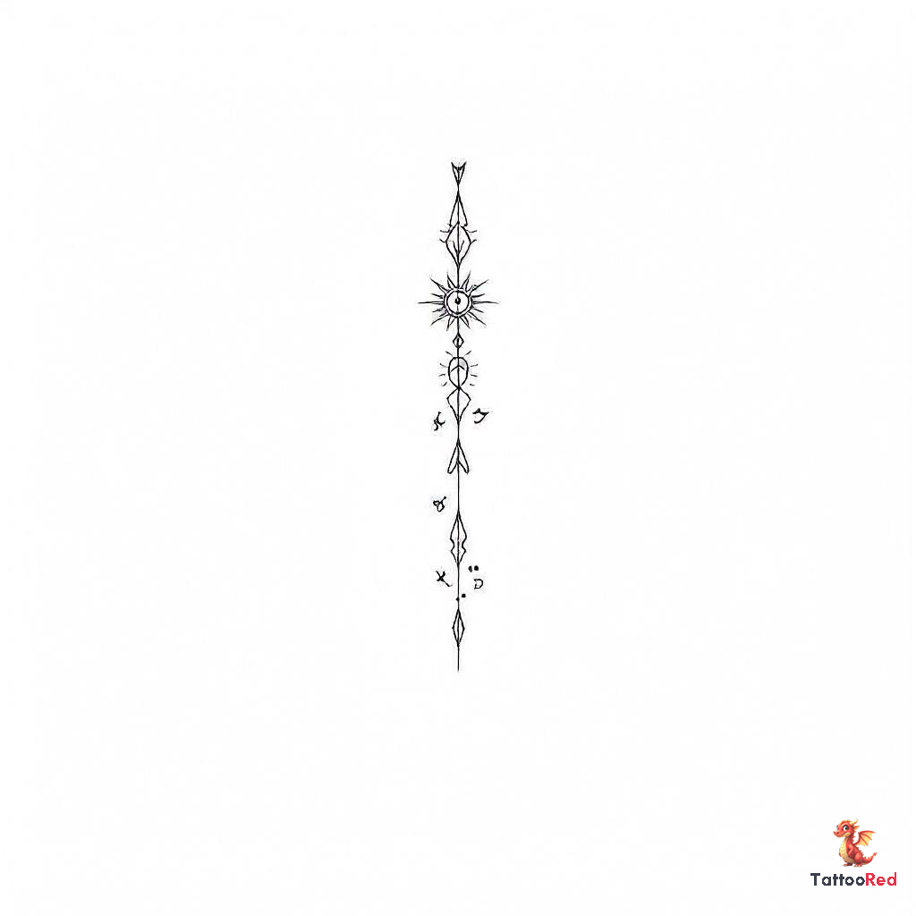 Minimalist tattoo design featuring the Supernatural symbol with runes for joy, gift, and sun.