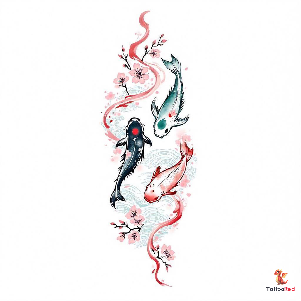 Watercolor tattoo design featuring colorful Japanese carp streamers and cherry blossoms.