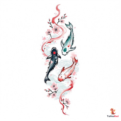 Watercolor tattoo design featuring colorful Japanese carp streamers and cherry blossoms.