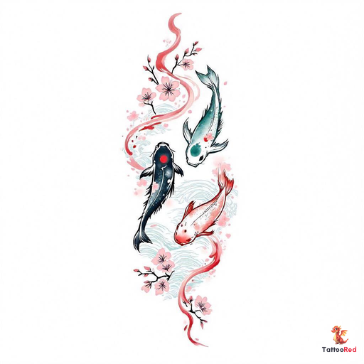 Watercolor tattoo design featuring colorful Japanese carp streamers and cherry blossoms.
