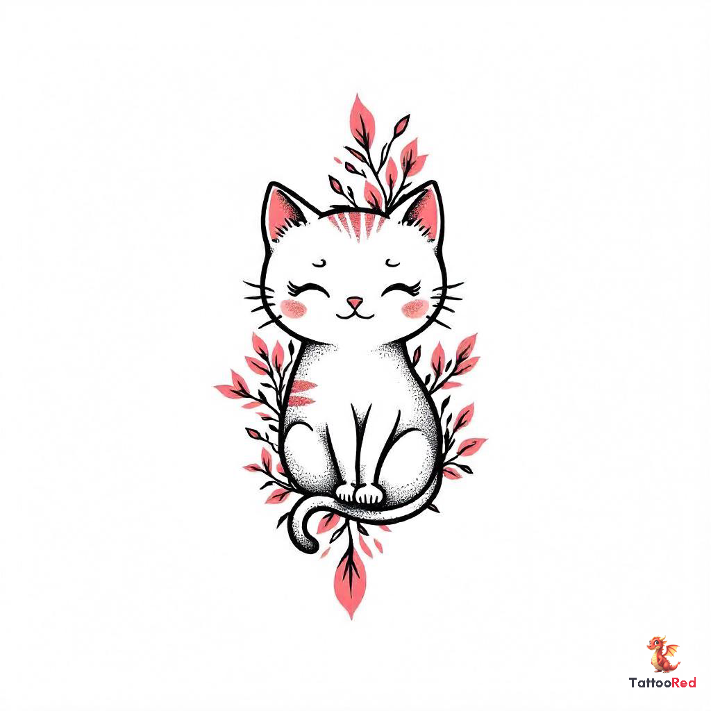 Traditional tattoo design of a cute cat surrounded by pink flowers.