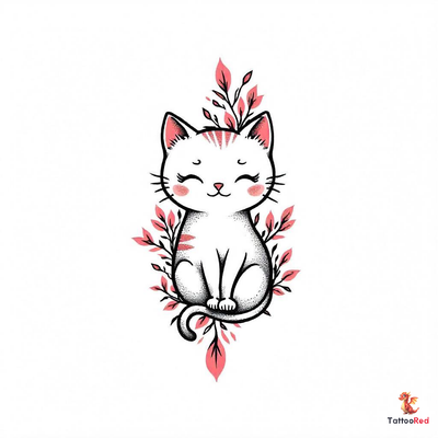 Traditional tattoo design of a cute cat surrounded by pink flowers.