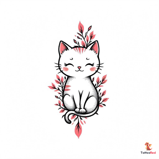 Traditional tattoo design of a cute cat surrounded by pink flowers.