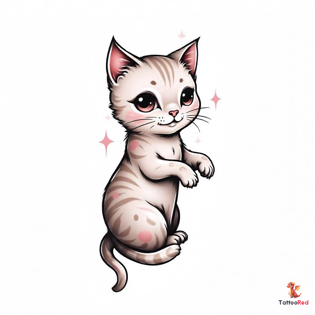 A realistic tattoo design of a cute cat with soft features and gentle colors.