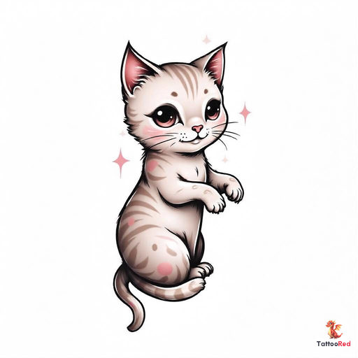 A realistic tattoo design of a cute cat with soft features and gentle colors.
