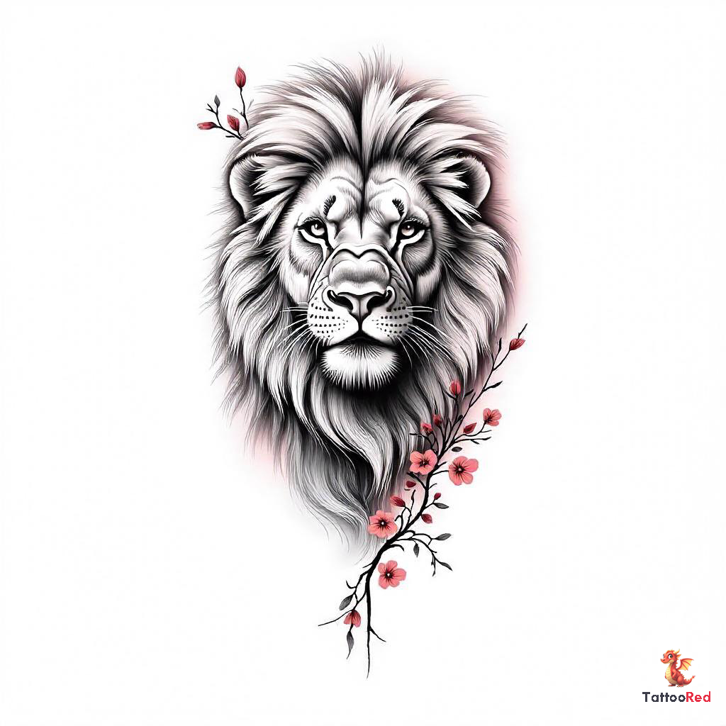 A detailed lion tattoo design with flowers, showcasing power and elegance.