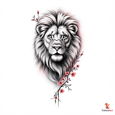 A detailed lion tattoo design with flowers, showcasing power and elegance.
