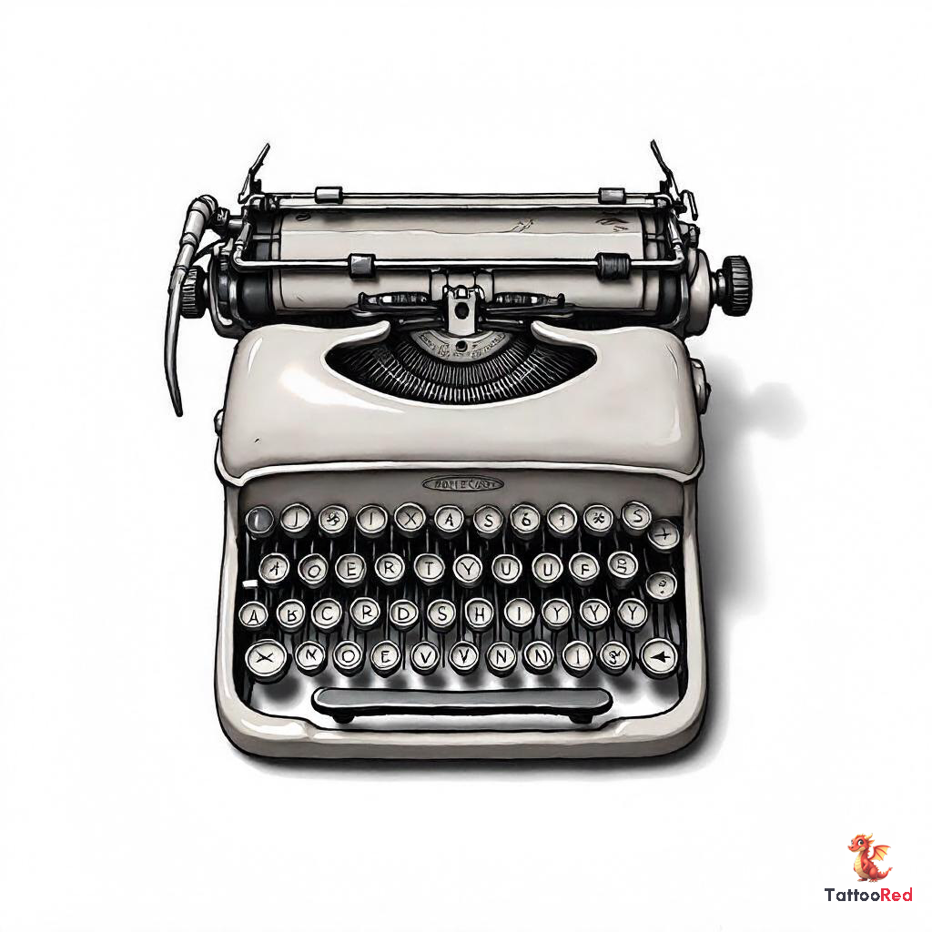 Photorealistic tattoo of a vintage typewriter with intricate details.