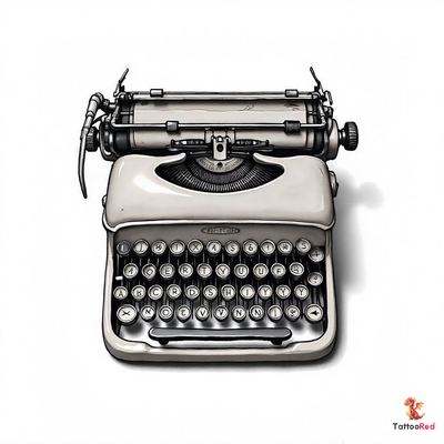 Photorealistic tattoo of a vintage typewriter with intricate details.