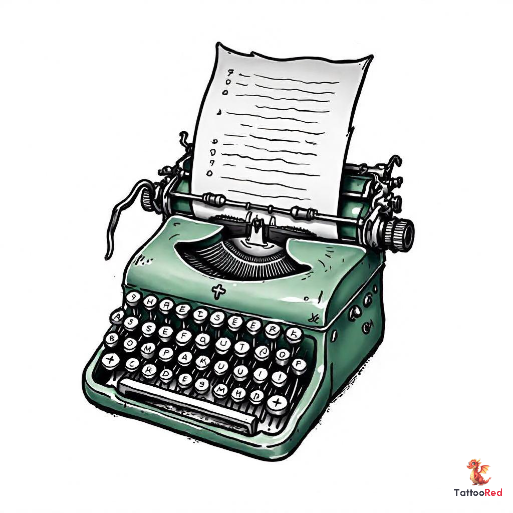 Photorealistic typewriter tattoo featuring intricate keys and vintage design.