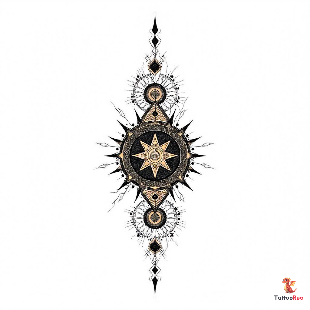 Sacred geometry tattoo featuring an 11:11 portal with intricate black and gold patterns.