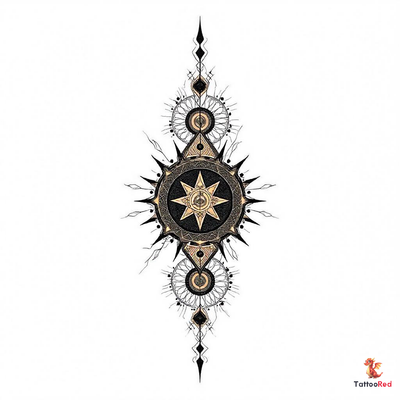 Sacred geometry tattoo featuring an 11:11 portal with intricate black and gold patterns.