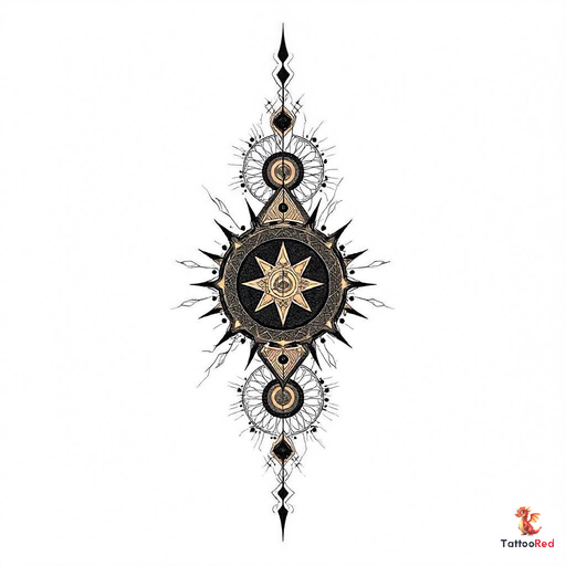 Sacred geometry tattoo featuring an 11:11 portal with intricate black and gold patterns.