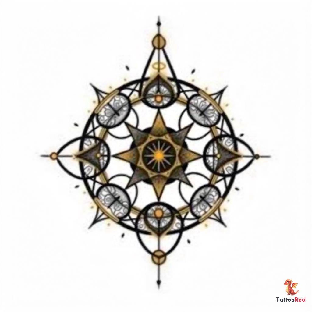 Intricate sacred geometry tattoo featuring an 11:11 portal with black and gold patterns.