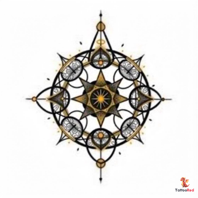 Intricate sacred geometry tattoo featuring an 11:11 portal with black and gold patterns.