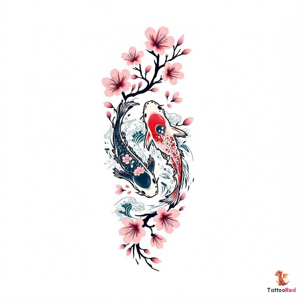 Colorful tattoo of koi fish swimming among cherry blossoms with waves.