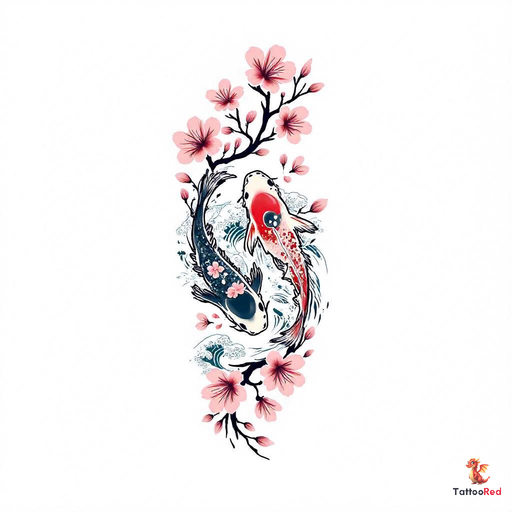 Colorful tattoo of koi fish swimming among cherry blossoms with waves.